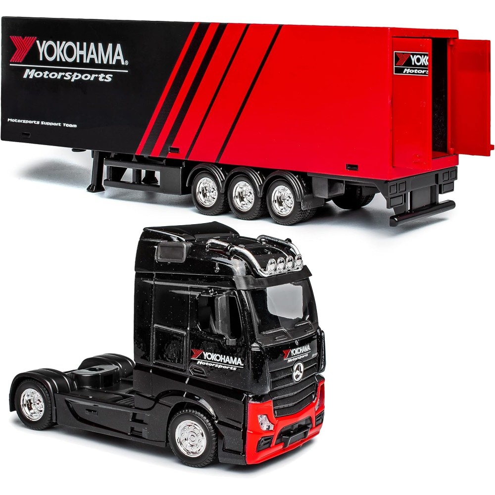 Колекционерски метален модел Mercedes-Benz Actros GigaSpace с полуремарке Yokohama Motorsports / Мерцедес-Бенц, Bburago, 1:43, черно-червен