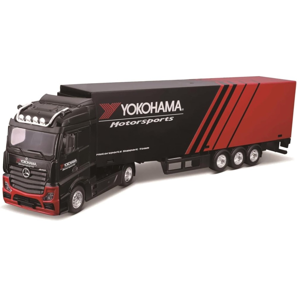 Колекционерски метален модел Mercedes-Benz Actros GigaSpace с полуремарке Yokohama Motorsports / Мерцедес-Бенц, Bburago, 1:43, черно-червен