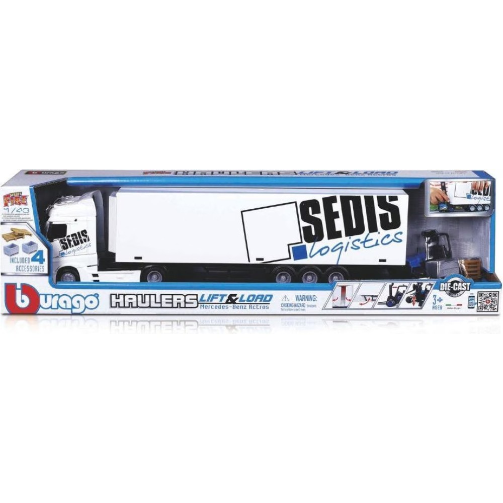 Колекционерски метален модел Mercedes-Benz Actros Sedis Logistics / Мерцедес-Бенц, Bburago, 1:43, бял