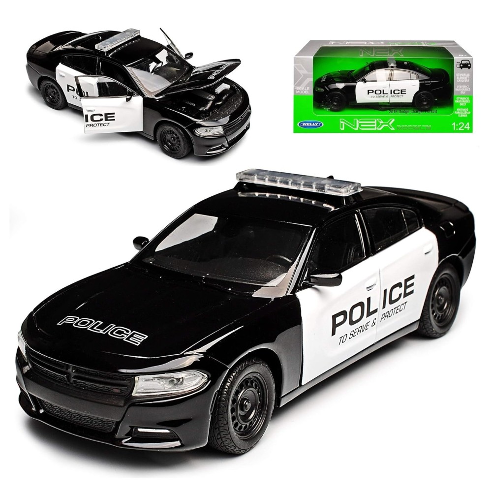 Метална колa Dodge Charger Pursuit / Додж, 2016, WELLY, мащаб 1:24, черно-бял цвят